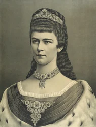 Porträtlithographie Kaiserin Elisabeth mit Rubinschmuckgarnitur